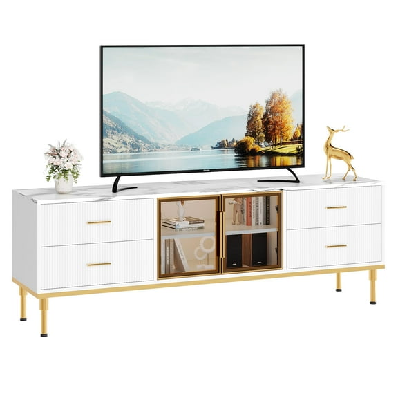 BouPower 66 inch Fluted TV Stand for Living Room, Faux Marble Top Entertainment Center for TVs Up to 75 in with 4 Drawers & 2 Glass Doors, Modern Wood TV Console for Living Room, White/Black