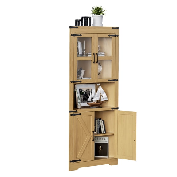 BouPower 69" Tall Farmhouse Freestanding Corner Storage Cabinet with Glass Door, Space Saving Cabinet with Adjustable Shelves, Multipurpose Pantry Hutch for Kitchen, Bathroom & Living Room