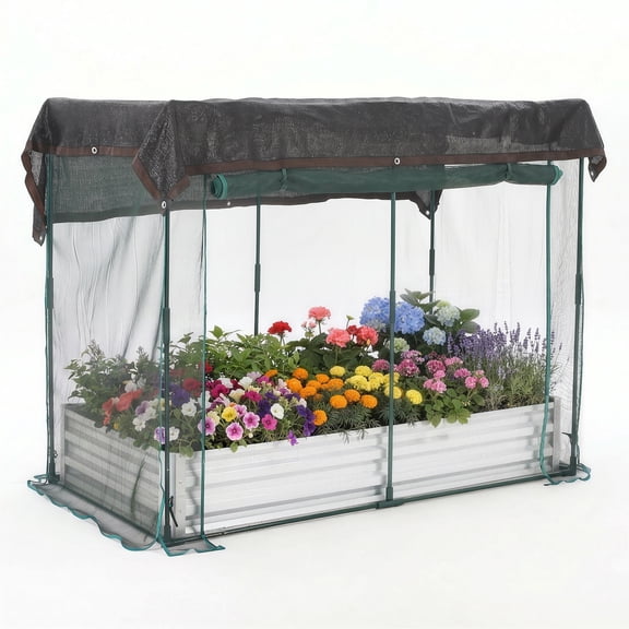 BouPower 6x3x1 Ft Raised Garden Bed Kit With Self Watering Irrigation and Mesh Cover, Galvanized Metal Bottomless Planter Box With Shade Cloth for Vegetables, Herbs, Flowers, Backyard Patio Farm