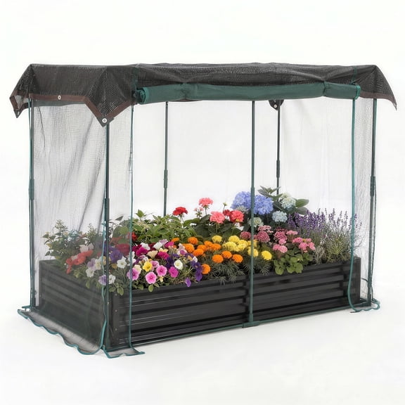 BouPower 6x3x1 Ft Raised Garden Bed Kit With Self Watering Irrigation and Mesh Cover, Galvanized Metal Bottomless Planter Box With Shade Cloth for Vegetables, Herbs, Flowers, Backyard Patio Farm