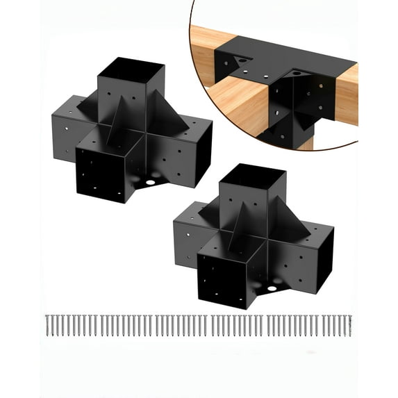 BouPower 6x6 3-Way Pergola Brackets Kit,4 Pack Heavy Duty Corner Bracket, 4-Way 2 Pack, Easy Installation Wooden Beams for Gazebos, Patio Pergolas, Log Cabin Outdoor Pergola Hardware