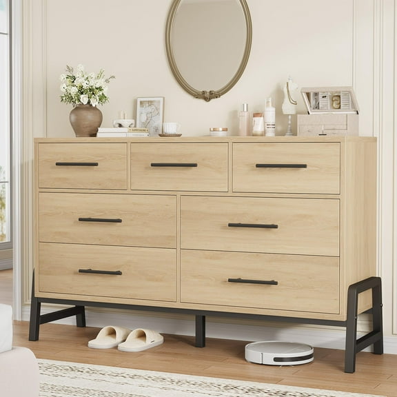 BouPower 7 Dresser for Bedroom, 52" Wide Dresser, Modern Wide Drawer with Storage Freestanding, Wooden Closet Storage Chest for Living Room, Bedroom, Entryway, Natural Oak