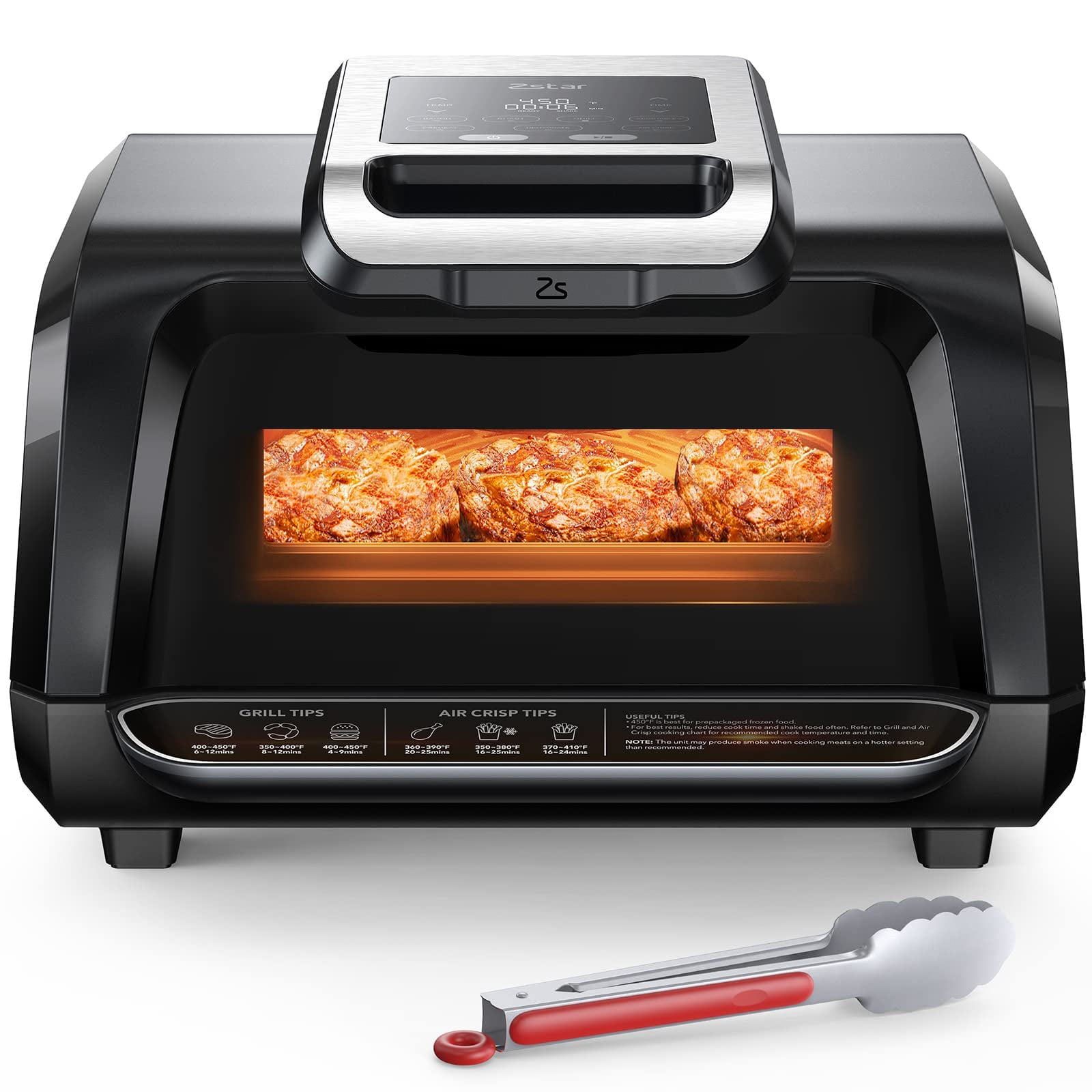 BouPower 7-in-1 Indoor Grill Air Fryer Combo, Smokeless Electric Grill with Transparent Window, 1750W Power Reaches 450°f, Includes Nonstick Removable Plates, Silicone Tongs, 4QT