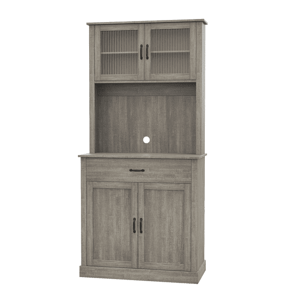 BouPower 71" Kitchen Pantry Storage Cabinet with Glass Doors and Microwave Stand, Freestanding Tall Cabinet with Adjustable Shelves for Dining Room, Kitchen, Living Room