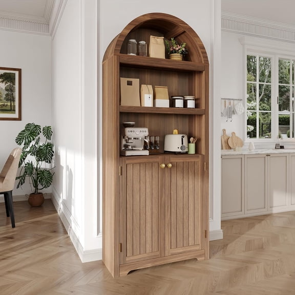 BouPower 72 in Tall Metal Arched Bookcase,5-Tier Arched Bookcase with Doors,Modern Farmhouse Bookshelf with 2 Adjustable Shelves,Pantry Display Cabinet for Living Room