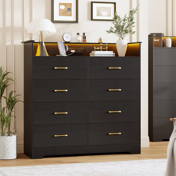 BouPower 8 Drawer Dresser For Bedroom, 45 Inch Tall Vertical Chest Of Drawers With LED Light And Charging Station, Modern Organizer Cabinet With Open Shelf For Living Room Entryway Hallway