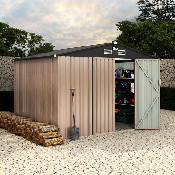 BouPower 8x10 FT Lean-To Metal Outdoor Storage Shed, Heavy Duty Tool House with Lockable Door & 2 Air Vents for Backyard Patio Lawn