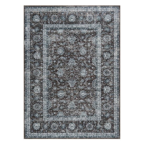BouPower 8x10Ft Machine Washable Area Rug, Boho Vintage Distress Floral Rug for Living Room, Low Pile Bedroom Rugs, Thin Lightweight Print Pattern Carpet for Dining Room