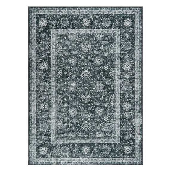 BouPower 8x10Ft Machine Washable Area Rug, Boho Vintage Distress Floral Rug for Living Room, Low Pile Bedroom Rugs, Thin Lightweight Print Pattern Carpet for Dining Room