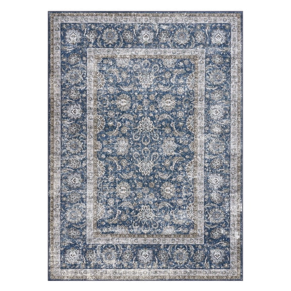 BouPower 8x10Ft Machine Washable Area Rug, Boho Vintage Distress Floral Rug for Living Room, Low Pile Bedroom Rugs, Thin Lightweight Print Pattern Carpet for Dining Room