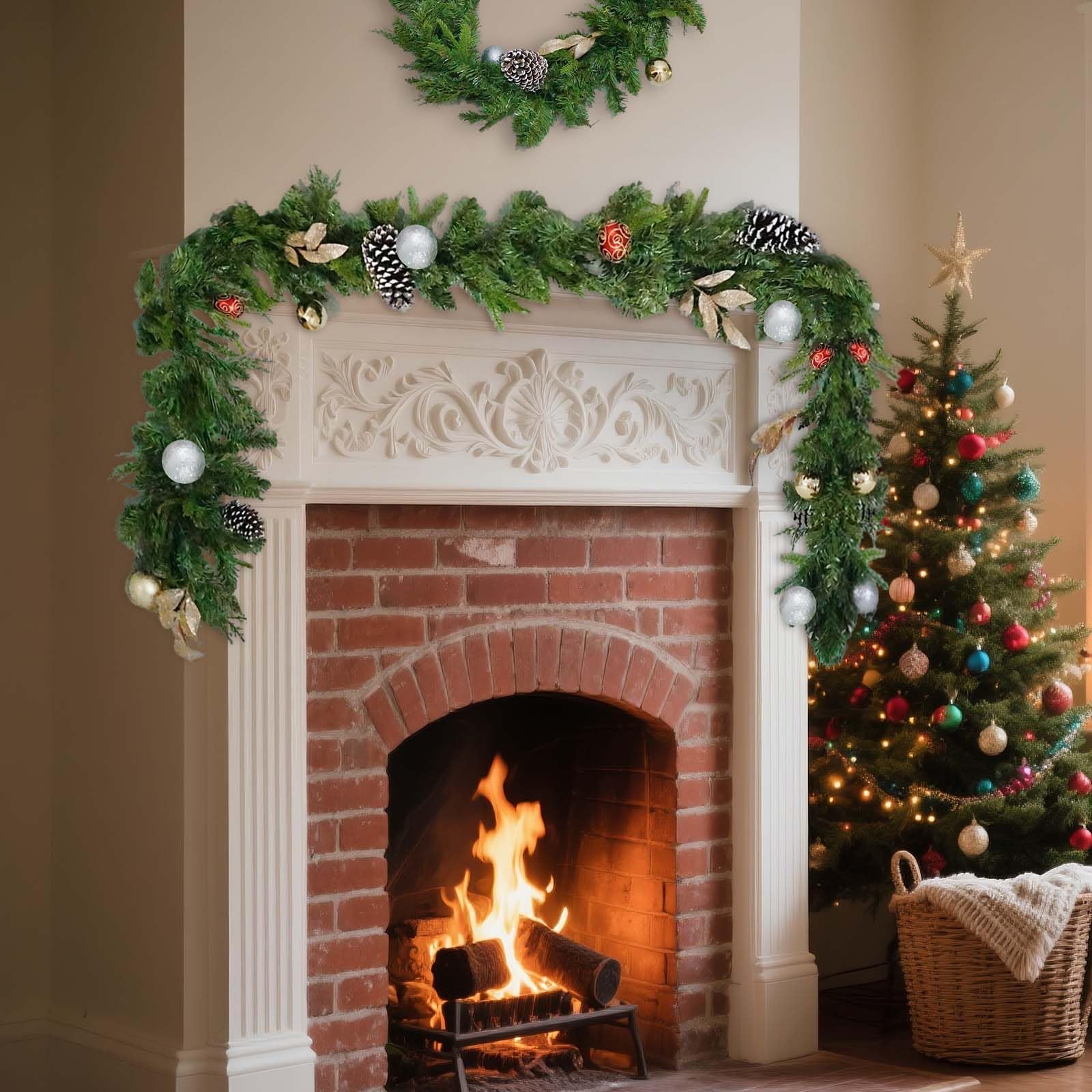 BouPower 9Ft Pre-Lit Christmas Garland, Xma Tree Garland with Pine