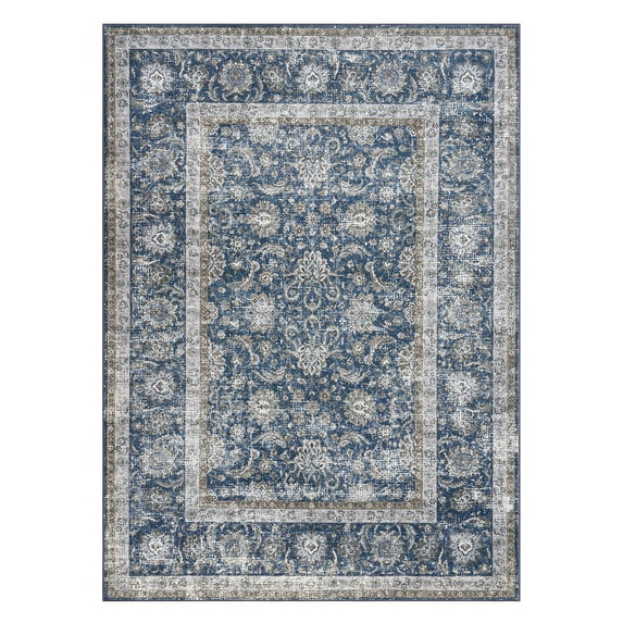 BouPower 9x12Ft Machine Washable Area Rug, Boho Vintage Distress Floral Rug for Living Room, Low Pile Bedroom Rugs, Thin Lightweight Print Pattern Carpet for Dining Room