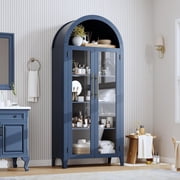 BouPower Arched Kitchen Pantry Cabinet,63" Tall Wood Kitchens Storage Cabinets with Adjustable Shelf and 2 Large Glass Doors,Modern Farmhouse Versatile Cupboard for Kitchen,Dining Room,Bathroom