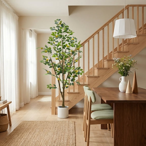 BouPower Artificial Lemon Tree, Faux Citrus Plant with Natural Wood Trunk, Fake Floor Fruit Plant, PE Silk Leaf, Natural Trunk, Zero-Maintenance Greenery for Indoor, Porch, Home, Office