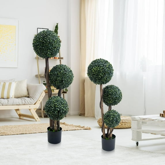 BouPower Artificial Triple Ball Topiary Trees with Planter Pot,Outdoor Indoor Realistic Faux Shrubs Plants,Fake Trees for Home Offices Porch Decor, 35in/45in