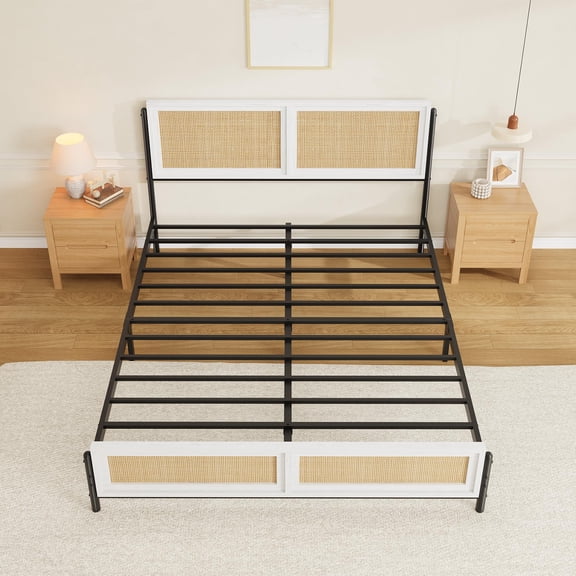 BouPower Boho Full Size Bed Frame with Rattan Headboard and Footboard, Wooden Platform Bed with Underbed Storage, All-Metal Support, Noise-Free Design, No Box Spring Needed, Easy Assembly