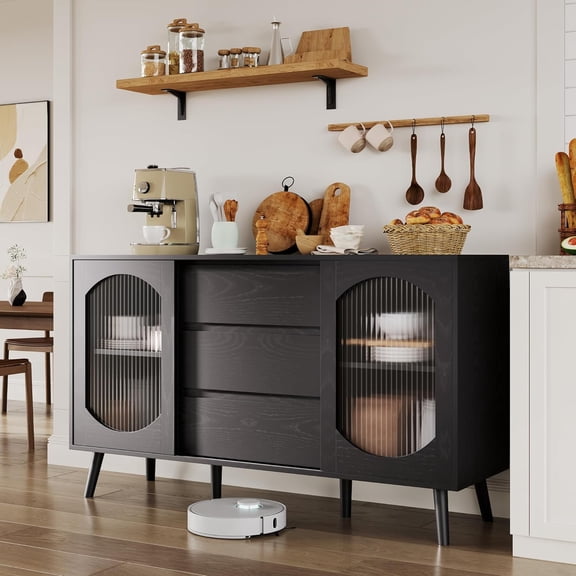 BouPower Buffet Sideboard Cabinet with Storage,Modern Accent Credenza with Fluted Glass Sliding Doors and Drawers Wood Coffee Bar Console Table for Living Room Kitchen Dining Room Hallway