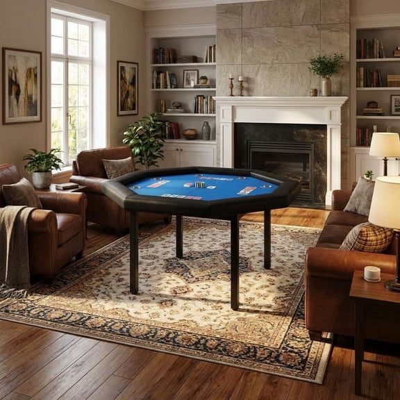 BouPower Casino Poker Table Foldable,8 Players 48" Octagonal Portable Folding Casino Leisure Game Table w/8 Drink Holders,Metal Legs,Card Table for Texas Holdem, Blackjack,Easy Assembly