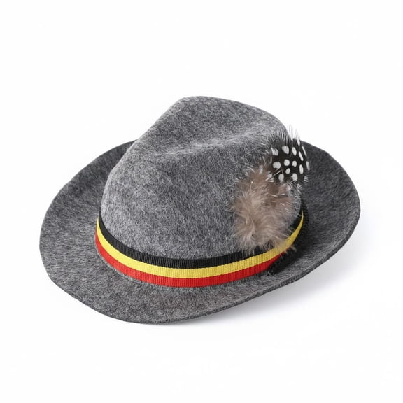 BouPower Cat Costume Hat with Feather and Adjustable Chin Strap, Grey Felt Pet Fedora with German Flag Ribbon, Small Dog and Cat Dress Up Accessory for Photos, Parties, Festivals and Holiday Costumes