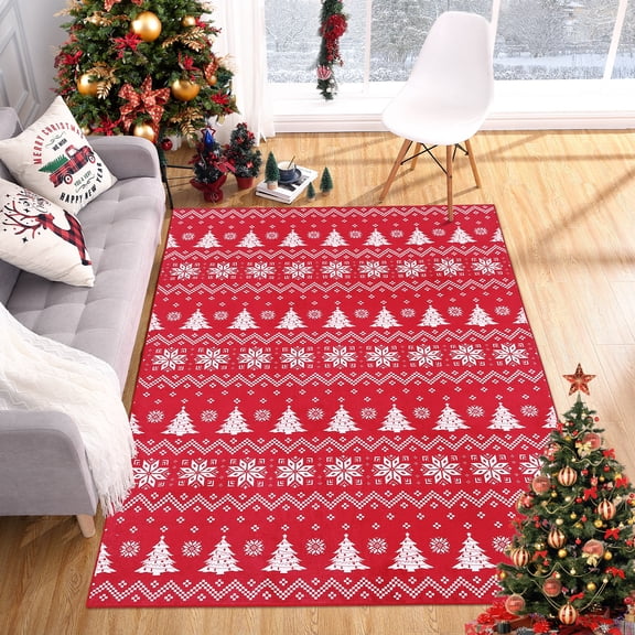 BouPower Christmas Washable Rugs for Living Room,Non-Slip Soft Area Rug,Christmas Tree and Snowflake No-Shedding Indoor Carpet for Living Room Dining Room Bedroom Bedside Entrance