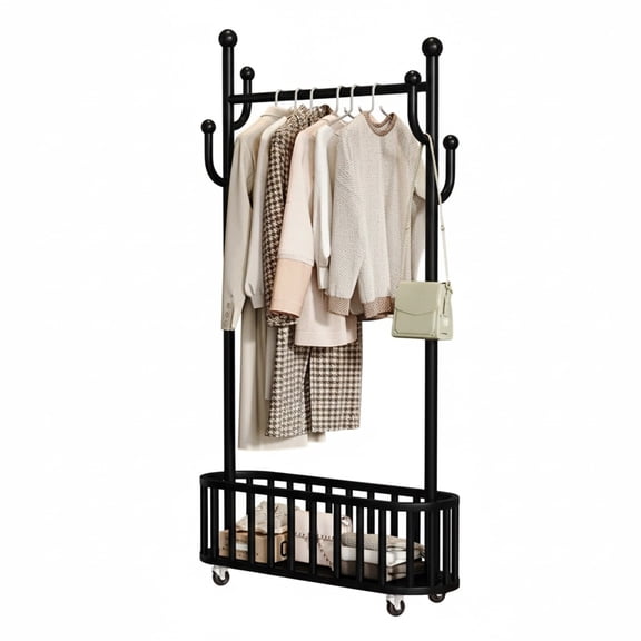 BouPower Clothes Rack,Clothing Rack with Basket & Wheels,Multi-Functional Wardrobe Closet,Sturdy Metal Garment Rack for Bedroom,Laundry,Balcony