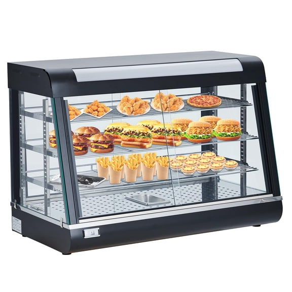 BouPower Commercial Food Warmer Display Pizza Warmer,3-Tier Electric Countertop Food Warmer w/LED Lighting,Removable Shelves & Glass Door,Pretzel Warmer for Buffet Restaurant