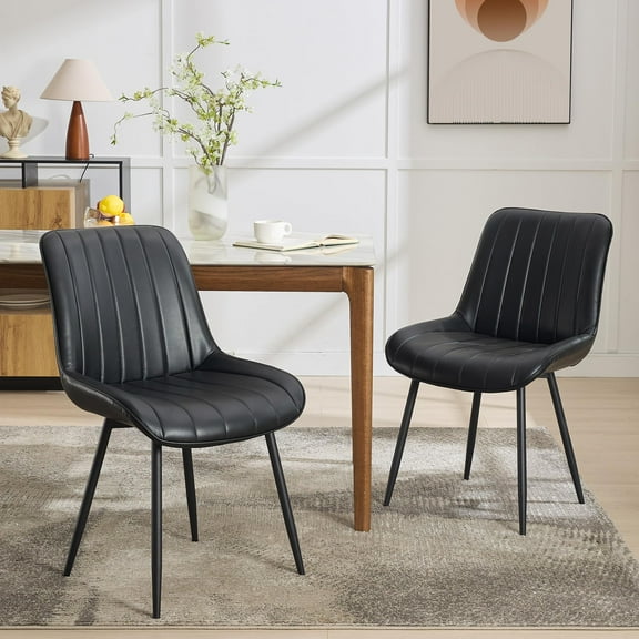 BouPower Dining Chairs Set of 2, Upholstered Mid Century Modern Kitchen & Dining Room Chair, Comfy Backrest Thick Upholstered Faux Leather Chair with Metal Legs for Living Room, Black/Brown