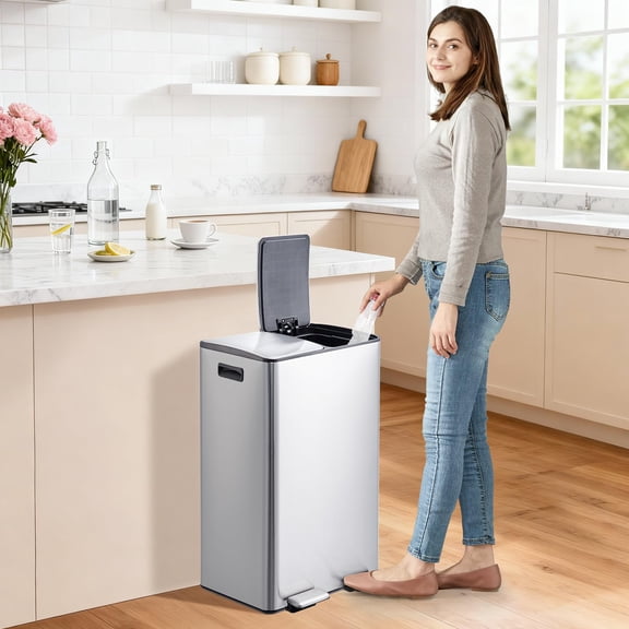 BouPower Dual Compartment Trash & Recycle Bin,Stainless Steel,Step Pedal,Removable Inner Buckets,Soft-Close Lid, for Kitchen,Home,Office