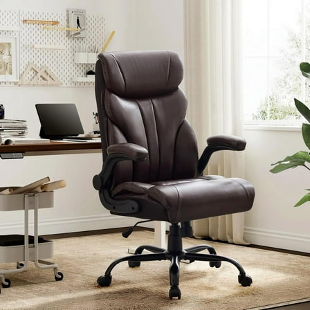 BouPower Ergonomic Office Chair,Heavy Duty Task Desk Chair with Flip-up Armrests,Adjustable Height,100-118°Recline Executive Leather Rolling Chair with Wheels,500LBS