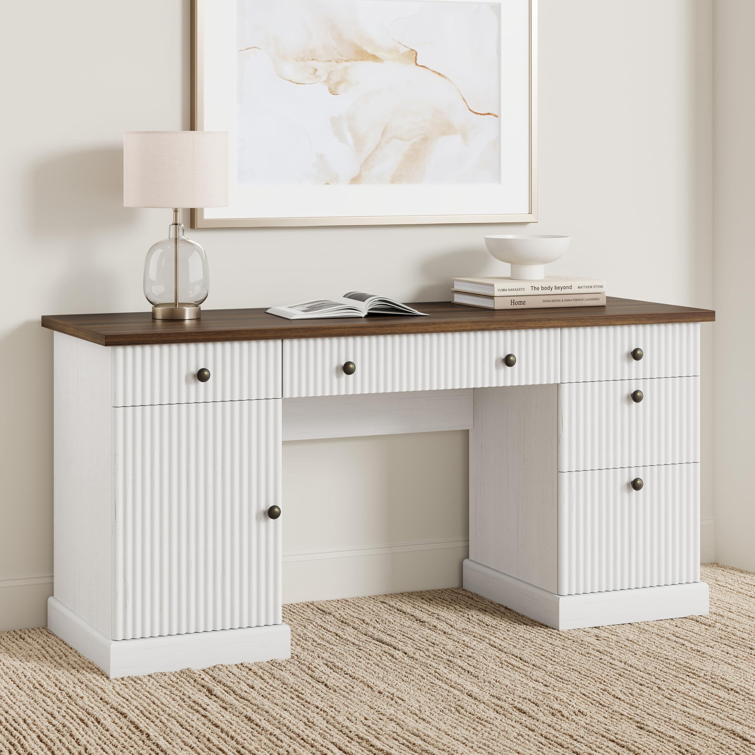 BouPower Executive Desk with File Drawers,60" Fluted Home Office Desk,Gaming Desk,Wood Computer Table for Home Office,Study,Living Room and Bedroom