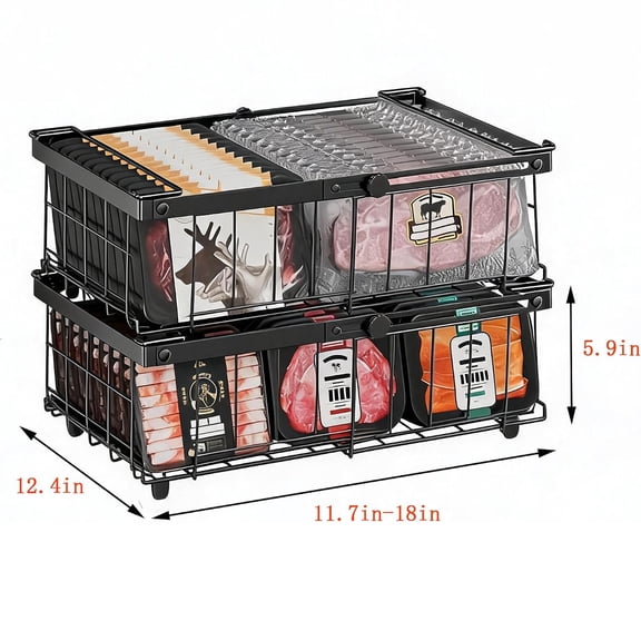 BouPower Expandable Chest Freezer Basket 2 Pack 30-46cm, Stackable Metal Wire Storage Bins Heavy-Duty 15KG Load, Fold-Down Handles Organiser for Upright Freezer Pantry & Fridge