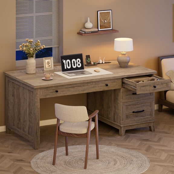 BouPower Farmhouse 53.5" Executive Desk,Computer Desk with Storage Drawers,Workstation Computer Desk for Home Office and Study