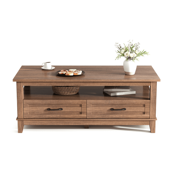 BouPower Farmhouse Coffee Table with Drawers, 47.2 Inch Wood Center Table with Open Display Shelf, Rustic Living Room Table for Office, Parlor, Reading Room