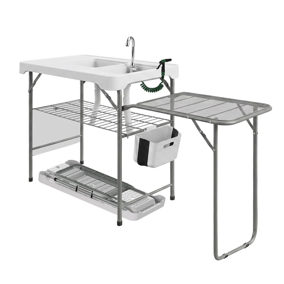 BouPower Fish Cleaning Table 42" x 22", Folding Camping Workstation with Dual Sinks, Sprayer, Drainage Hose, Grid Rack, and Grill Extension Board for Outdoor BBQ and Patio Use
