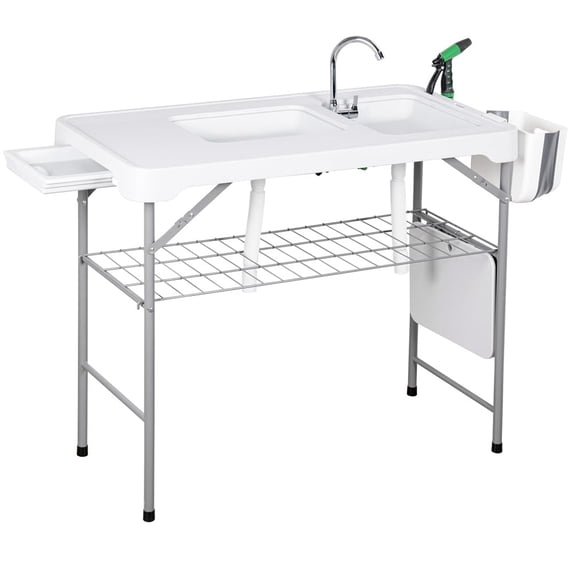 BouPower Fish Cleaning Table with 2 Sinks,Portable Folding Camping Fish Station with Faucet,Drainage Hose,Sprayer, Storage Box for Picnic