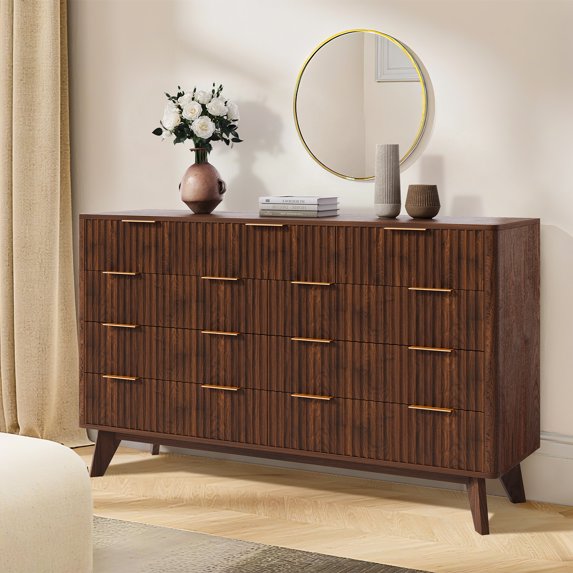 BouPower Fluted 9 Drawer Dresser for Bedroom,54" Wide Modern Chest of Drawers with Faux Marble Top,Wood Dresser TV Stand & Storage Organizer for Bedroom,Hallway