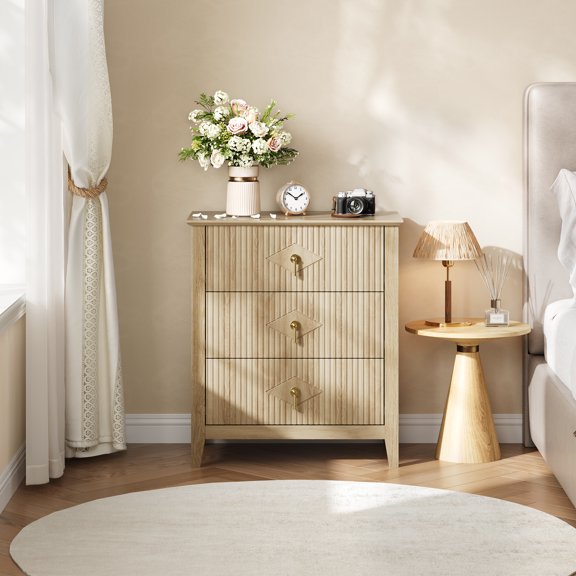BouPower Fluted Nightstand, 27.5" Wide Bedside Table with 3 Large Storage Drawers, Modern Night Stand with Metal Handle, Wooden End Tables for Bedroom, Living Rooms, Hallway, Entryways, Closet