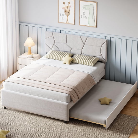 BouPower Full Size Upholstered Platform Bed Frame, Full Over Twin Pull Out Trundle Bed with Soft Headboard, Wood Slat Support, No Box Spring Needed for Home Use