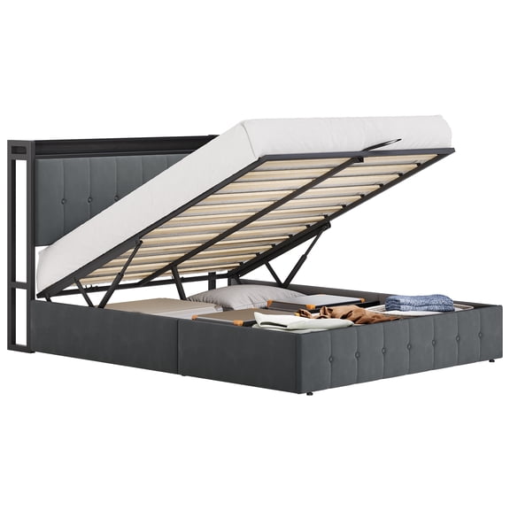 BouPower Full Velvet Upholstered Lift Up Storage Platform Bed Frame, Hydraulic Gas Lift Underbed Storage with Storage Headboard, Sturdy Wood Slat & Metal Frame, No Box Spring Required