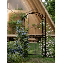 BouPower Garden Arbor with Gate, 8FT Wedding Arches for Ceremony, Metal Garden Arch for Climbing Plants Outdoor, Black Garden Archway for Lawn, Patio and Backyard