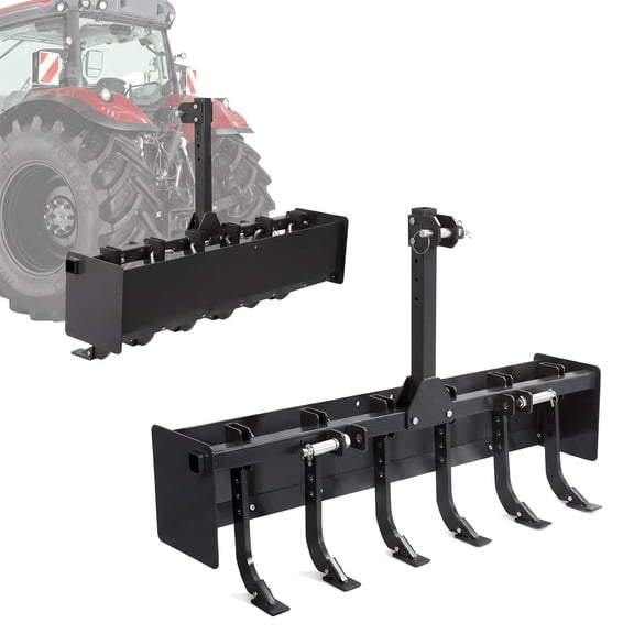BouPower Heavy Duty 55" Box Blade for Tractor, 3-Point Hitch Land Leveling & Grading Implement, 6 Adjustable Scarifier Shanks, Compatible with Category 0 & 1, Ideal for Driveway and Soil Preparation