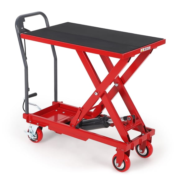 BouPower Hydraulic Lift Table Cart, 500 LBS Capacity 28.5 in Lifting Height, Manual Single Scissor Lift Table with Locking Wheels & Non-Slip Pad, Mobile Hydraulic Scissor Cart