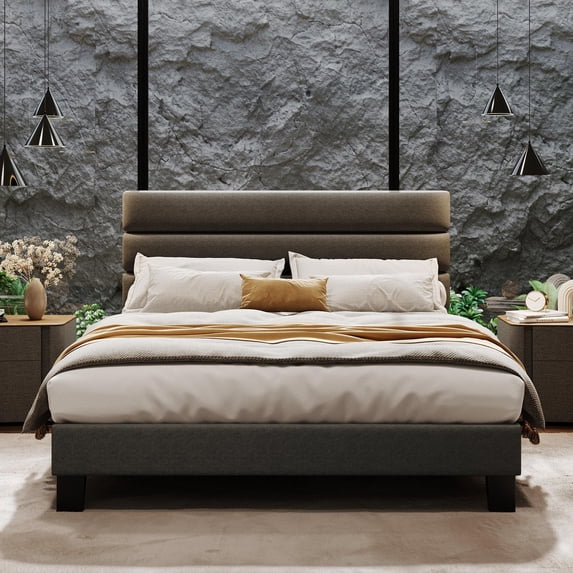 BouPower King/Queen/Full Platform Bed Frame with Adjustable Linen Upholstered Headboard - Heavy Duty Quiet Sturdy Wood Slat Support, No Box Spring Needed, Easy Assembly Dark Grey Modern Bed