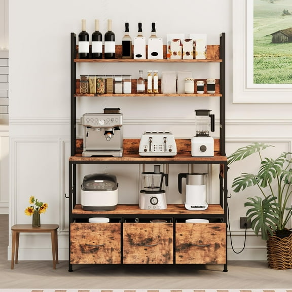 BouPower Kitchen Bakers Rack with Power Outlet,5-Tier Free Standing Storage Shelf Bakers Rack with Baskets,Industrial Microwave Oven Stand,Metal Kitchen Rack Organizer with Hooks