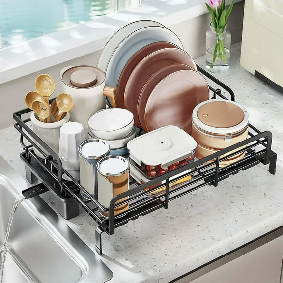 BouPower Kitchen Dish Rack, Stainless Steel, Rustproof, (16.5-19.7'') Extendable Dish Drying Rack for Kitchen Counter, for Apartments, RVs and Small Spaces (Black)