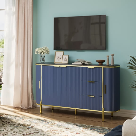 BouPower Large Sideboard Buffet Cabinet with Storage,59'' Modern Credenza Buffet Table Coffee Bar Wine Bar Storage Cabinet with 3 Drawers and Adjustable Shelf for Dining Room Living Room