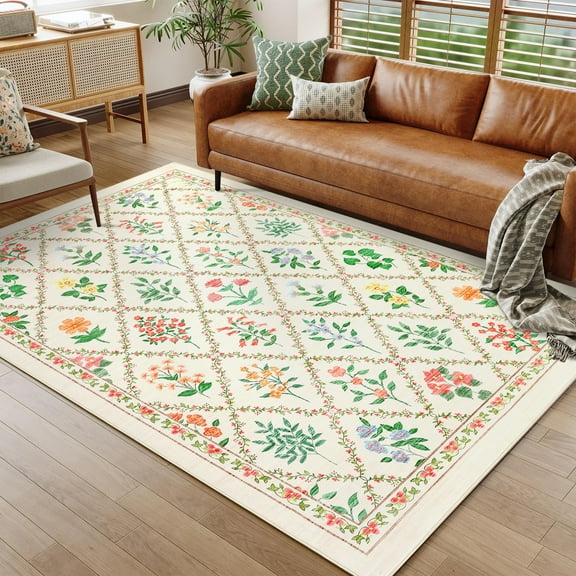 BouPower Modern Geometric Washable Rug 9x12 Area Rugs for Living Room, 5Sizes Non Slip Low Pile Farmhouse Trellis Floral Foldable Soft Carpet, Indoor Floor Mats for Bedroom, Nursery, Home Decor