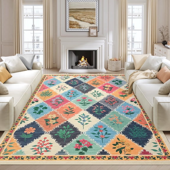 BouPower Modern Geometric Washable Rug 9x12 Area Rugs for Living Room, 5Sizes Non Slip Low Pile Farmhouse Trellis Floral Foldable Soft Carpet, Indoor Floor Mats for Bedroom, Nursery, Home Decor