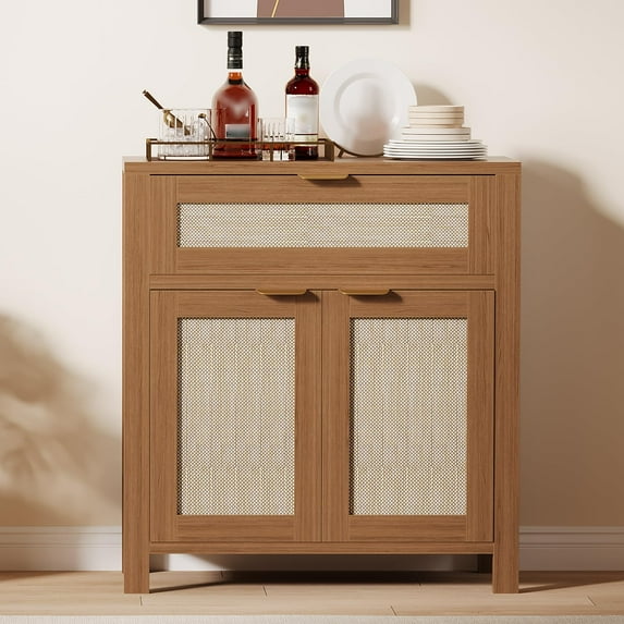 BouPower Modern Rattan Sideboard Buffet Storage Cabinet with Doors, Boho Narrow Accent Credenza Cabinet with Storage Coffee Bar Console Table for Kitchen, Entryway, Living Room, Dining Room