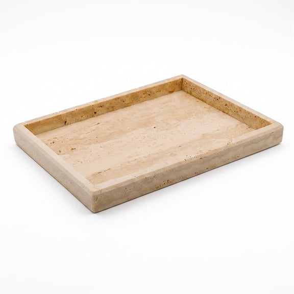 BouPower Natural Yellow Travertine Stone Catchall Tray, Rectangular Handcrafted Marble Vanity Organizer Tray for Jewelry, Perfume, Cosmetics, Candles, Lotion, Bathroom Countertop, Desktop